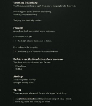 The image displays a dark-themed informational graphic titled "Vouching & Slashing" that explains Commons airdrop mechanics, including how touching points (gifts) increase a vouch's base score by 25%, while slashing removes 15%. The accompanying text promotes the Commonsmade airdrop, which awards over $2,000 to creators in the top 1000 of the Loudio leaderboard on Kaito Yap.