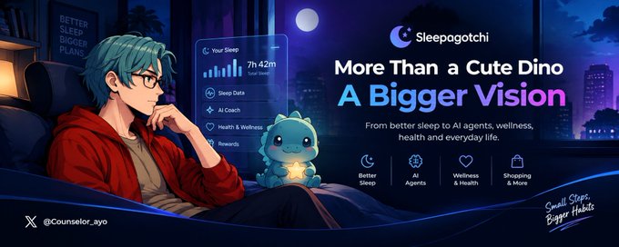 A stylized anime-style illustration shows a teal-haired character in a red hoodie beside a small blue dinosaur mascot ("Sleepagotchi"), with a holographic sleep dashboard displaying "7h 42m" sleep data, alongside the tagline "More Than a Cute Dino: A Bigger Vision" highlighting integrations with Apple Watch, Oura, and Whoop for sleep, AI, wellness, and rewards—visually reinforcing the post's point that the app's true value lies in its underlying health data ecosystem rather than just the pet companion.
