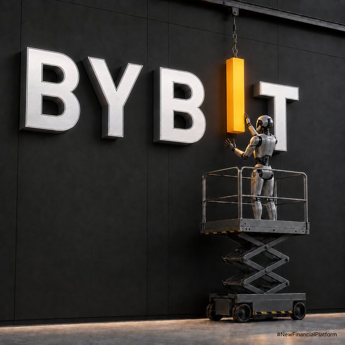3D render of a humanoid robot on a scissor lift installing the letter 'I' (highlighted in orange) to complete a large 'BYBIT' sign on a black facade.