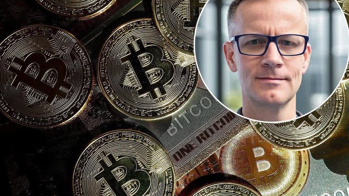 A composite image showing several physical Bitcoin coins scattered together with an inset circular portrait of a man wearing blue-framed glasses.