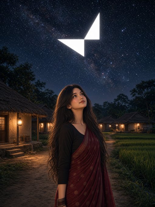 An artistic rendering shows a woman in a red sari gazing up at a starry night sky with an abstract white logo, standing in a rural village setting with thatched-roof huts.