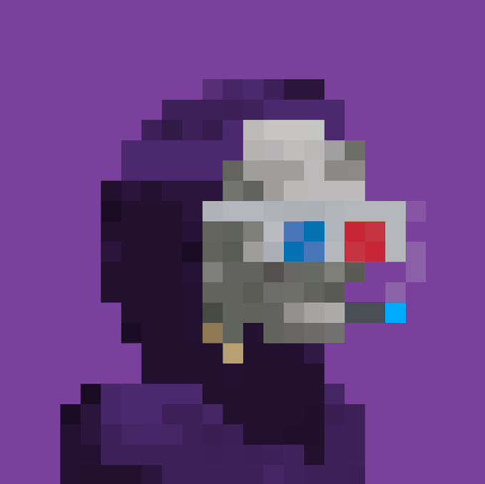 A pixel art image showing a shadowy hooded figure against a purple background, with a detailed mechanical face featuring blue and red glowing eyes.