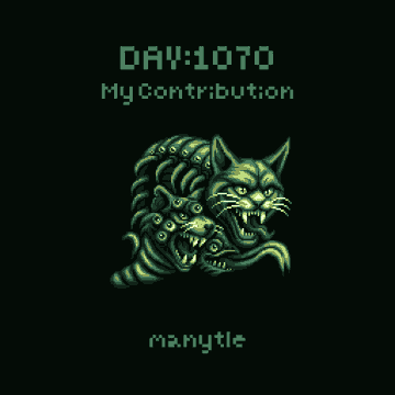 A pixel art graphic showing two green cats with text 'DAY: 1070', 'MyContribution', and 'manytle'.