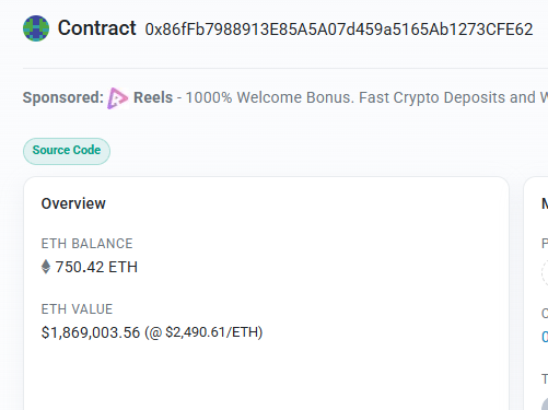 A blockchain contract page showing ETH Balance of 750.42 ETH and ETH Value of $1,869,003.56 with a Reels casino sponsored banner.