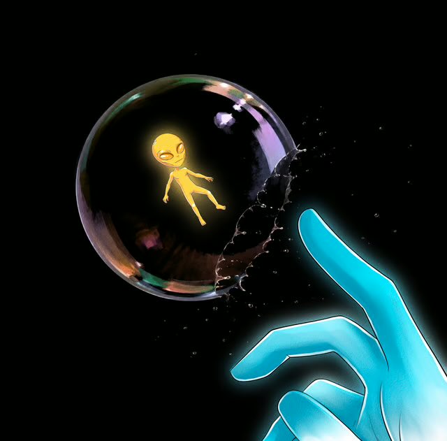 An artistic illustration featuring a glowing yellow alien figure trapped inside a transparent bubble being popped by a blue, glowing finger.