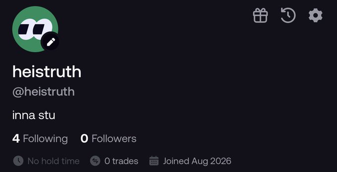 A profile page for Robinhood user "heistruth" (@heistruth) with the bio "inna stu," showing 4 Following, 0 Followers, 0 trades, and a join date of Aug 2026 — reinforcing the post's mocking tone about a new, inexperienced user joining the trading platform.
