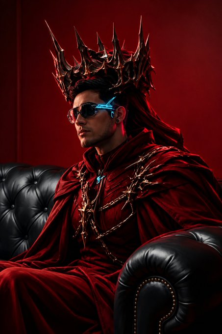 A dramatic portrait of a man in elaborate red royal robes and a spiked crown, wearing futuristic sunglasses with blue glowing accents, seated on a black tufted leather chair.