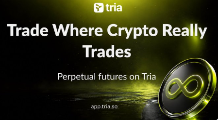 A promotional graphic for Tria featuring the text "Trade Where Crypto Really Trades" and "Perpetual futures on Tria" with the URL "app.tria.so," alongside a gold coin displaying the Tria infinity logo against a dark, glowing green background. The image aligns with the post's theme by highlighting Tria's platform as a solution to crypto's usability challenges through streamlined perpetual futures trading.