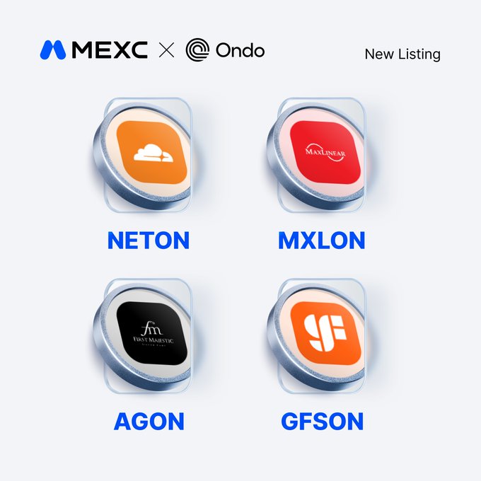 A promotional graphic for MEXC's new listing featuring four Ondo tokenized stocks—NETON, MXLON, AGON, and GFSON—displayed as rounded app icons with the MEXC × Ondo partnership branding at the top.