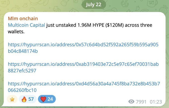 A July 22 Telegram post from "Mlm onchain" reports that Multicoin Capital unstaked 1.96M HYPE ($120M) across three wallets, as indicated by the provided Hypurrscan links.