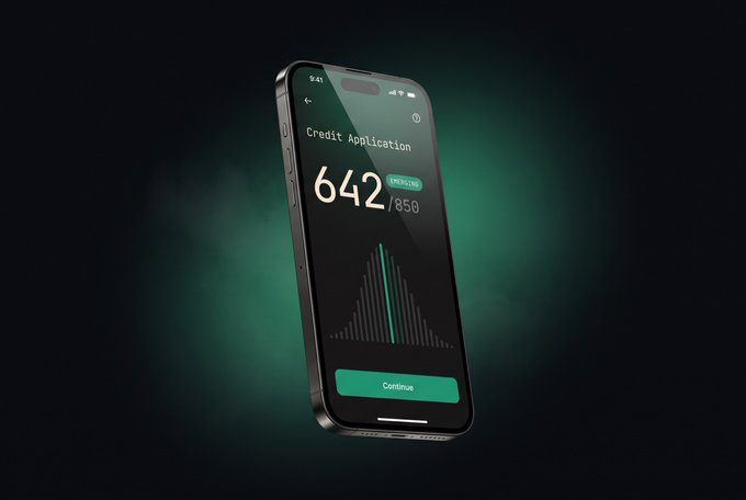 A smartphone displays a "Credit Application" screen with a credit score of 642/850 labeled "DECENT," featuring a bell-curve graph and a green "Continue" button. The image symbolizes the trust and credibility assessment required for AI agents in trading, much like how a credit score evaluates reliability—highlighting that as AI agents enter financial markets at scale, proving their long-term performance and earning capital market trust becomes the critical challenge, paralleling how individuals must demonstrate creditworthiness to gain financial opportunities.