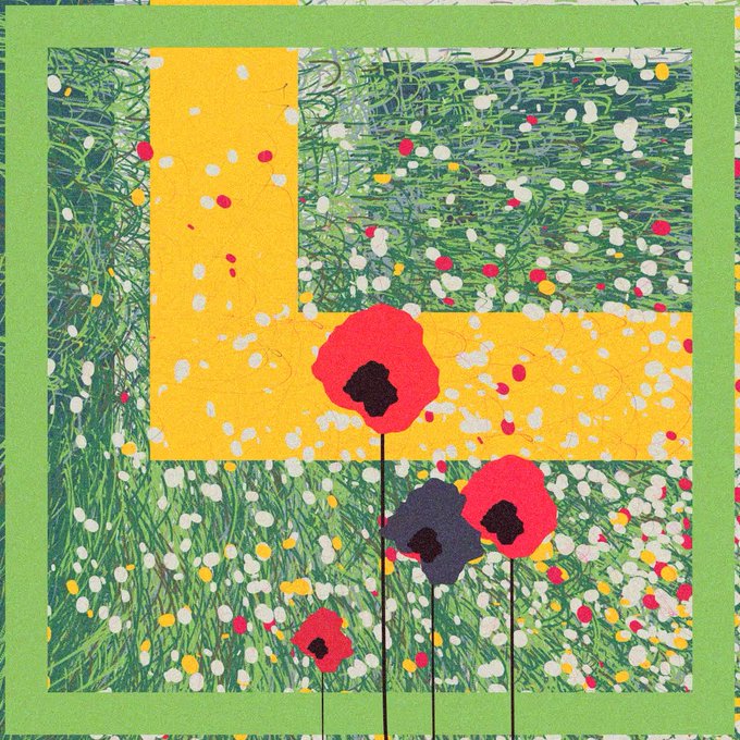 An abstract mixed-media artwork featuring a yellow geometric shape over a green grassy background with red and purple poppy flowers.