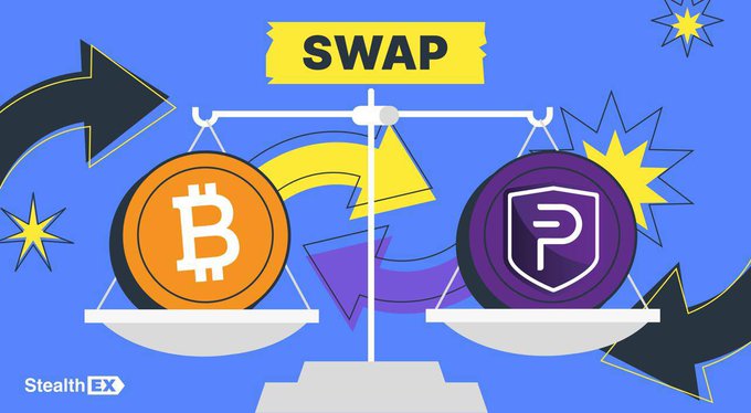 A StealthEX promotional graphic showing a balance scale swapping a Bitcoin (BTC) coin for a purple token, with 'SWAP' displayed at the top against a blue background.