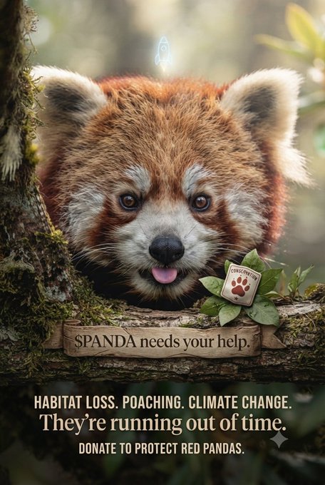 An awareness poster for red panda conservation shows a close-up of a red panda peeking over a tree branch, with text reading 'SPANDA needs your help' and 'HABITAT LOSS. POACHING. CLIMATE CHANGE. They're running out of time. DONATE TO PROTECT RED PANDAS.'