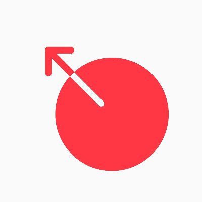 A minimalist red graphic featuring a circle with an arrow pointing diagonally upward and to the left on a white background.