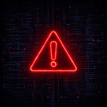 A neon red warning triangle with an exclamation mark glows against a dark digital background of code, symbolizing a cybersecurity threat. The image visually represents the alert raised by the dismantling of the "Sality" botnet, which maliciously hijacked clipboard data to swap cryptocurrency wallet addresses for eight years.