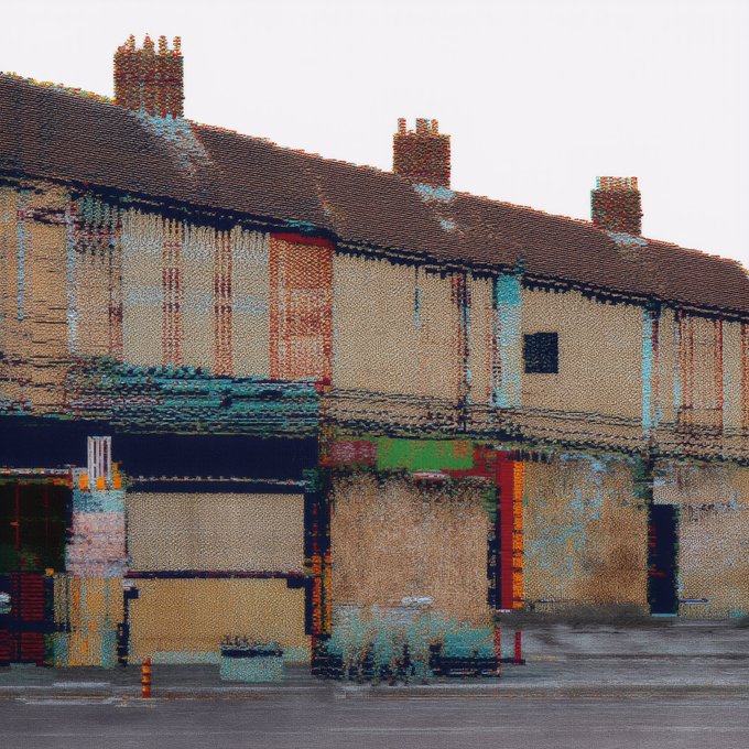 A pointillist-style digital artwork depicting a row of terraced houses with chimneys, rendered in pixel-like dots of earthy browns, blues, and greens.
