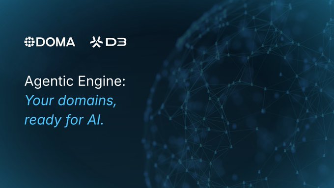 A dark blue digital graphic featuring a stylized globe network on the right, with "DOMA" and "D3" logos in the top left corner and the text "Agentic Engine: Your domains, ready for AI." displayed prominently, promoting Doma's new tool that prepares domain names for AI agent discovery and transactions.