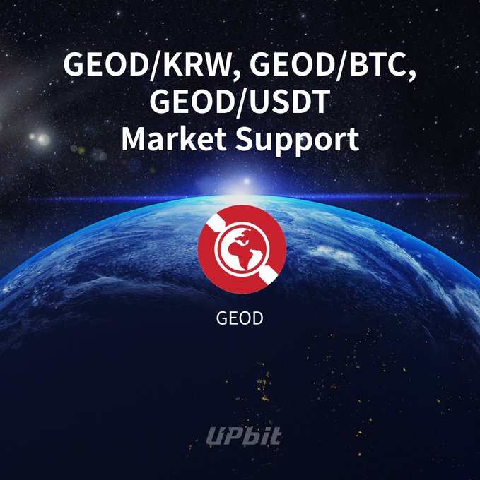 Upbit promotional graphic for GEODNET (GEOD) against a space/Earth backdrop, displaying the "GEOD/KRW, GEOD/BTC, GEOD/USDT Market Support" header, the GEOD globe logo, and the Upbit branding, corresponding to the announcement of new trading support for the GEOD token starting 2026-07-27 at 15:00 KST.
