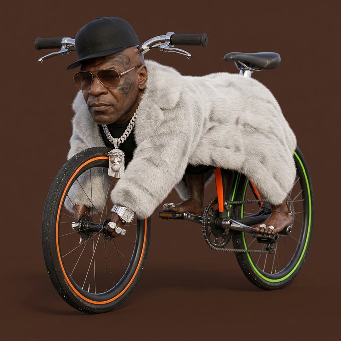 A man in a fur coat, sunglasses, and chain rides a lowrider bike with colored rims against a brown background. His flashy jewelry, designer watch, and stylish cap embody ultimate swag.