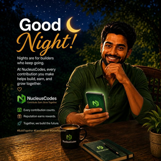 A 'Good Night!' promotional image for NucleusCodes featuring a smiling man looking at a smartphone, with the tagline 'Contribute. Earn. Grow Together' and hashtags #BuildTogether #EarnTogether #GrowTogether.
