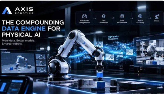 Image 1: A promotional graphic for "AXIS ROBOTICS" titled "THE COMPOUNDING DATA ENGINE FOR PHYSICAL AI" featuring a robotic arm and a workflow diagram showing Web-Based Teleoperation, Trait Generation, Data Refinement, Policy Learning, and Robot deployment.