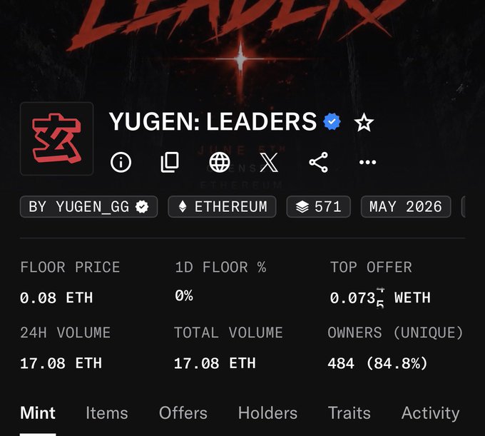 The image shows a black text box displaying some details about a cryptocurrency, which is called @yugen. The details include its name, top offer price of 0.77 ETH at 21,078.41 WTH, an amount of 18,843 ETH, and the number of 0.73% holders. There are also descriptions for other offers on this platform, including the type of offer (Ethereum) and the volume it is offering in terms of tokens. It appears that @yugen is a leader in the cryptocurrency market based on these factors like top offer price, ETH, and volume.