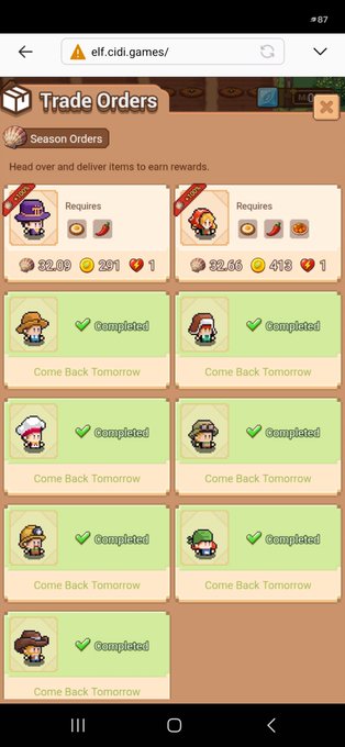 Mobile screenshot from elf.cidi.games showing a 'Trade Orders' menu with 'Season Orders' and multiple 'Completed' character delivery quests.