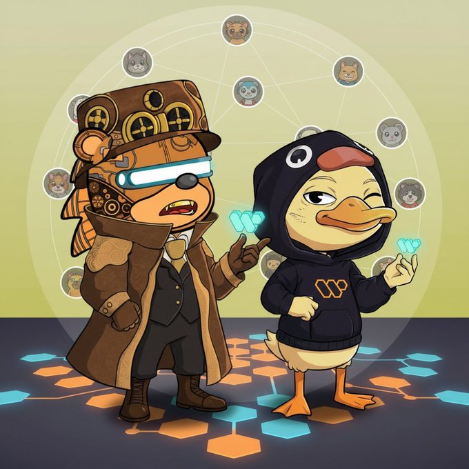 A cartoon-style image displays two anthropomorphic characters—a steampunk bear in a coat and goggles, and a duck in a black hoodie—standing on a hexagonal pattern surrounded by floating character icons.