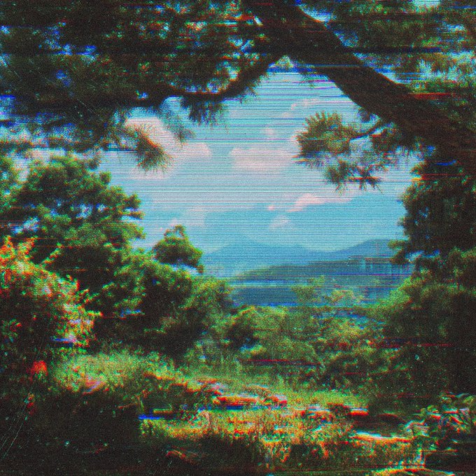 A serene landscape painting or heavily filtered photo showing a view of a blue body of water and sky, framed by dark green pine tree branches, with noticeable glitch or chromatic aberration effects across the image.