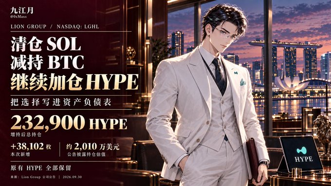 A promotional graphic featuring an anime-style businessman in a white suit, advertising 'LION GROUP / NASDAQ: LGHL' with Chinese text about clearing SOL positions, reducing BTC, and increasing HYPE holdings to 232,900 HYPE.