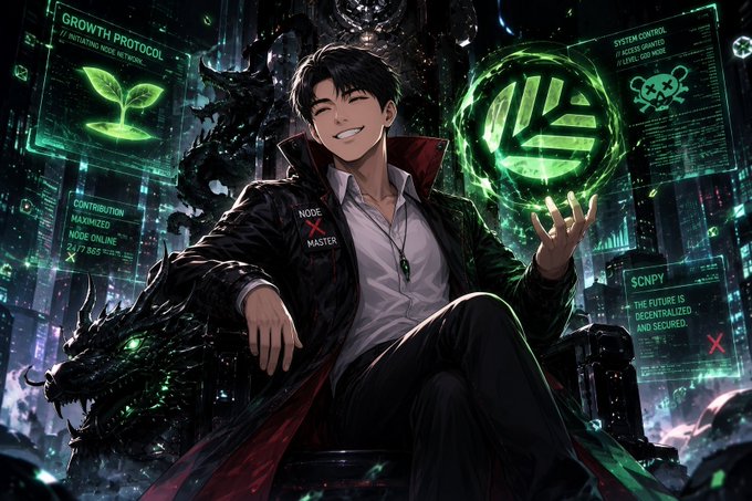 Anime-style digital art of a smiling young man in a dark coat sitting in front of holographic screens displaying text like 'GROWTH PROTOCOL', 'CONTRIBUTION MAXIMIZED', 'SYSTEM CONTROL', and '$CNPY', surrounded by a dark dragon.