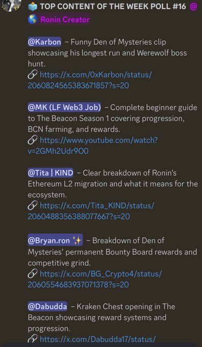 The image shows a screenshot of a poll asking for opinions about Top Content of the Week. The poll has been voted on by multiple people who have left their responses below the poll title. There are several options listed, including "Karaon" as one of them.