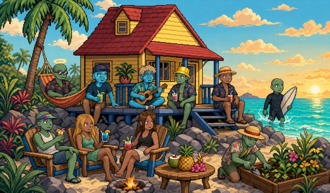 A colorful cartoon illustration of green-skinned alien figures relaxing in a tropical beach setting, playing guitar, surfing, gardening, and enjoying drinks near a small yellow house.
