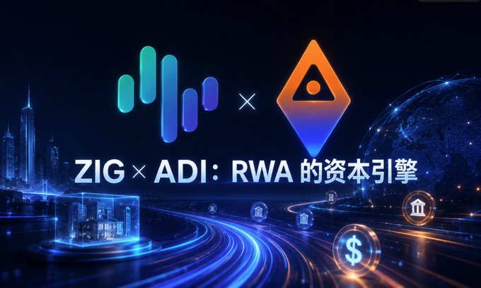A promotional graphic with logos reading 'ZIG × ADI: RWA 的资本引擎' against a futuristic cityscape with a glowing globe.