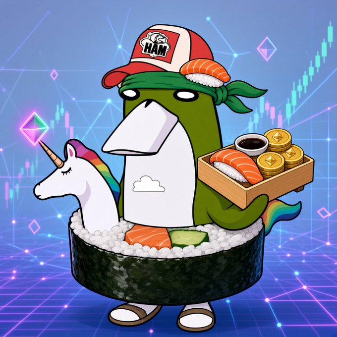 A cartoon penguin wearing a "HAM" cap and green bandana holds a sushi platter, riding a unicorn sushi bowl against a backdrop of bullish crypto charts and Ethereum logos—symbolizing optimism that "Sushi will win Pools.fun will win" ahead of the big August 14th event.