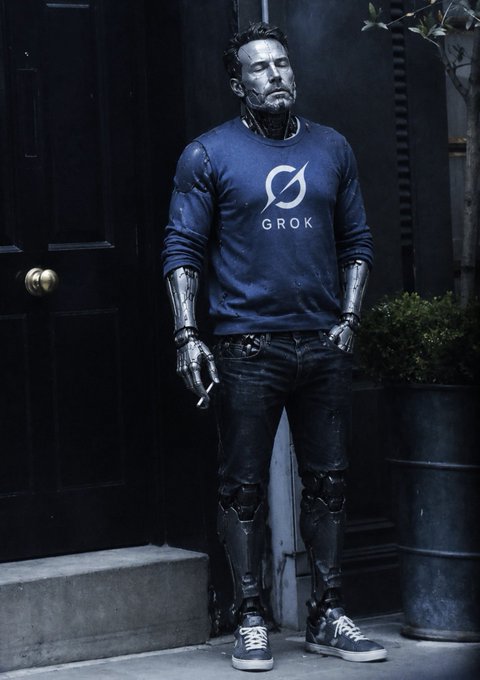 A digital artwork of a cyborg with visible metal facial plating and robotic hands, wearing a navy sweatshirt emblazoned with the "GROK" logo and Greek letter symbol, paired with jeans and sneakers against a dark doorway.