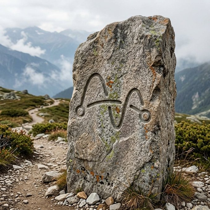A large weathered stone monolith stands in a mountainous landscape, carved with a wavy line design featuring two circular ends.