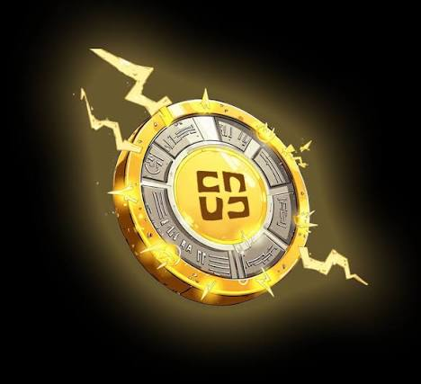 A glowing gold and silver cryptocurrency-style token features a central square logo resembling a 'B' or 'P', surrounded by lightning bolts and an inscription reading 'MODOGE COIN' against a black background.