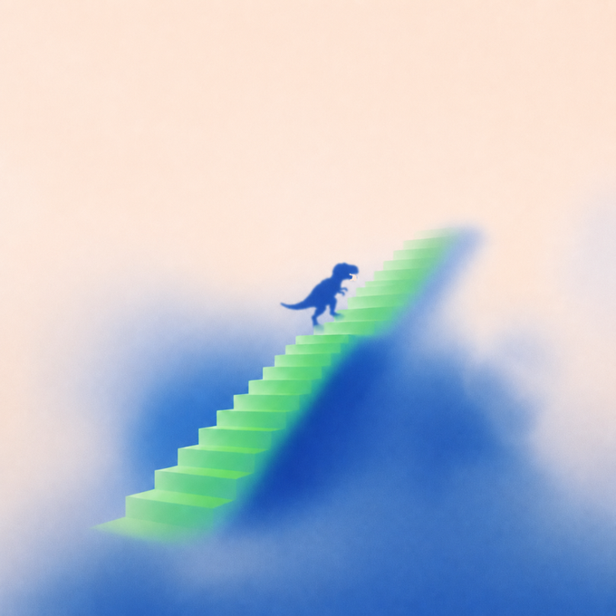 A silhouette of a dinosaur climbs a vibrant green staircase rising through a misty blue and peach-toned fog, symbolizing forward momentum and growth. This imagery complements the post's celebration of new developments (a dedicated X profile) for the $FEFER token and its associated contract address.