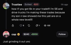 A user named "Trustee" with a "$240" cap and a -$359 loss posts "Just grinding it out unc" below a tweet complaining about a 56-6 trading record and 6k followers, while asking for a shoutout for their custom avatar from @initwithcarl's team. The post appears to be a humble-brag attempt to get Pumpfun's attention by showcasing their engagement metrics and dedicated community artwork.