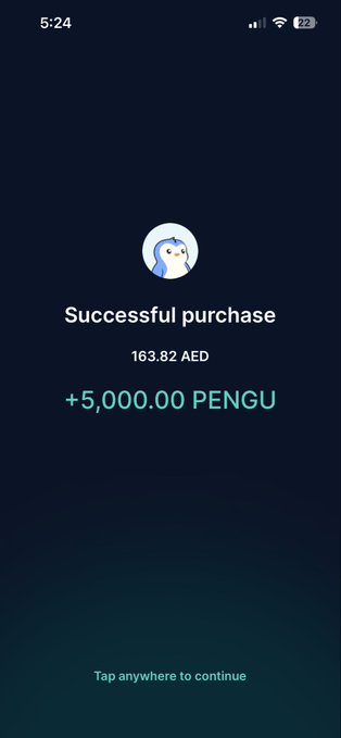 A mobile screen displays a successful crypto purchase confirmation for 163.82 AED, resulting in a credit of +5,000.00 PENGU tokens, featuring a penguin avatar.