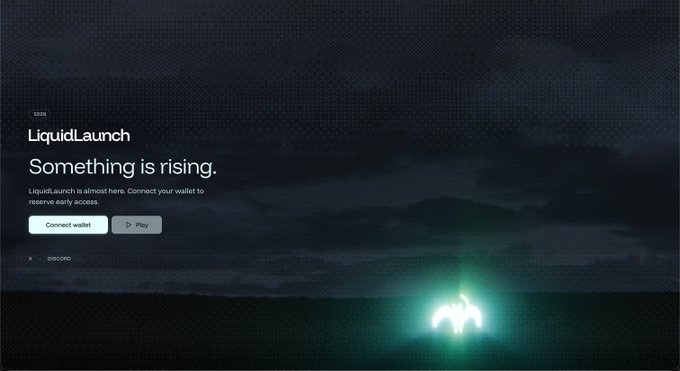 The image displays the LiquidLaunch website featuring the headline "Something is rising" with calls to "Connect wallet" and "Play," set against a dark atmospheric background with a glowing green bat-like symbol. The accompanying text confirms this is a registration page at launch.liqd.ag where users can connect their wallet, join the Discord, and chat to earn an OG role—aligning with the "Connect wallet" button and Discord link shown on the site.