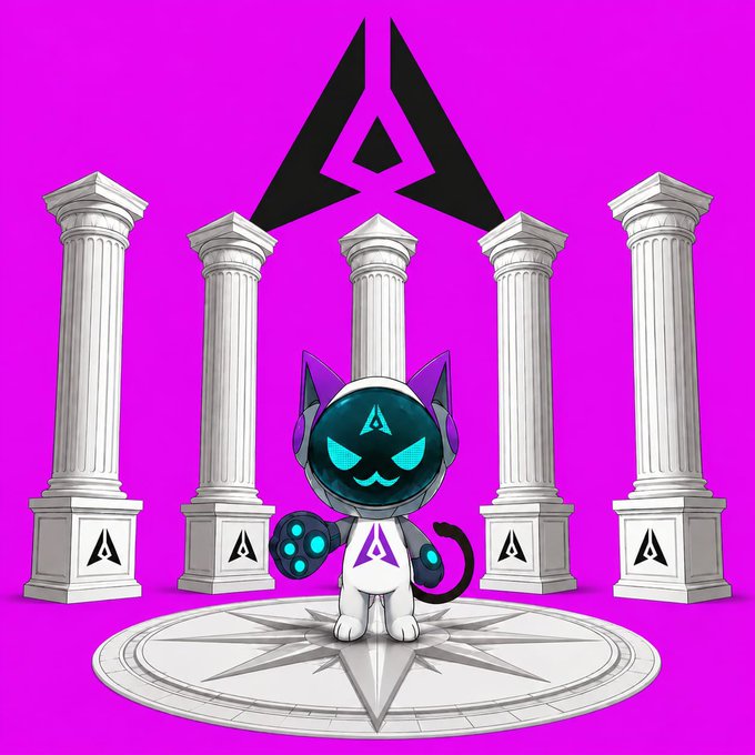 A robotic cat mascot with glowing cyan eyes and a stylized "A" emblem stands on a compass rose surrounded by four classical columns, each bearing the same "A" symbol, set against a vibrant magenta background dominated by a large black "A" logo. The image visually reinforces the post's message about GenLayer's "Pillar II: Truth without Trust," using the pillars and emblem to symbolize foundational principles and decentralized integrity—centralizing the brand identity while echoing the architectural theme of trustless structure.