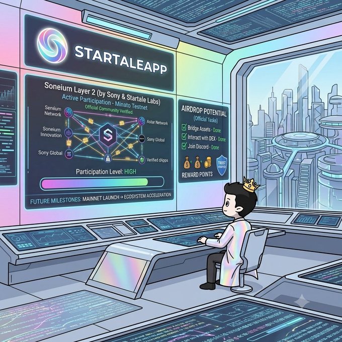 The image shows an anime-style character wearing a crown seated at a futuristic control room console, monitoring a dashboard labeled "STARTALEAPP" that displays "Soneium Layer 2 (by Sony & Startale Labs)" with an "Active Participation - Minato Testnet" status marked "HIGH." A panel highlights "AIRDROP POTENTIAL" tasks including "Bridge Assets," "Interact with DEX," and "Join Discord," directly illustrating the post's message about actively tracking the Minato Testnet and bridging assets for potential rewards.