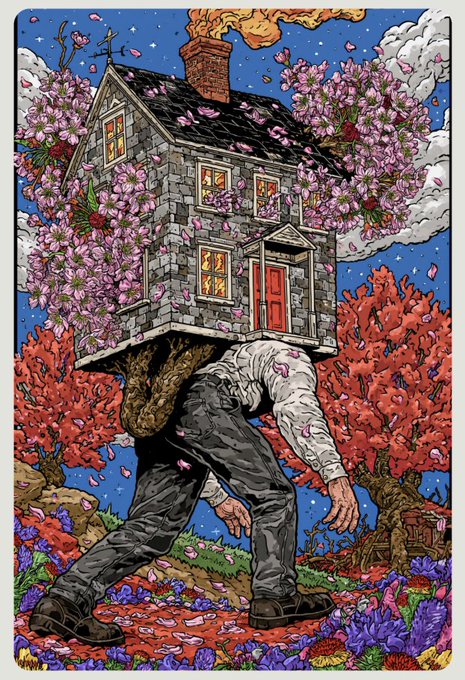 A colorful surreal illustration depicting a man carrying a stone house with a smoking chimney on his back, walking through a landscape filled with pink cherry blossoms and red foliage.