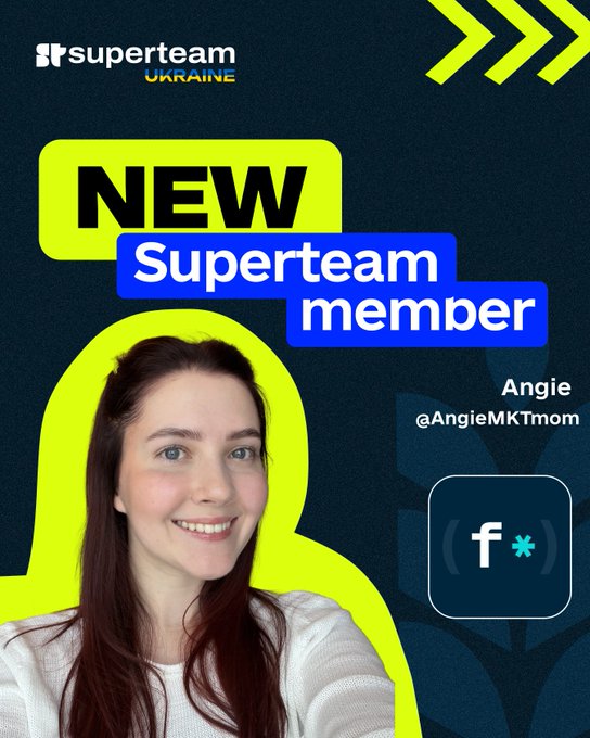 A 'NEW SupertEAM member' announcement graphic for SupertEAM Ukraine featuring a smiling young woman with brown hair, identified as 'Angie' (@AngieMKTmom) with an Fivestars logo.