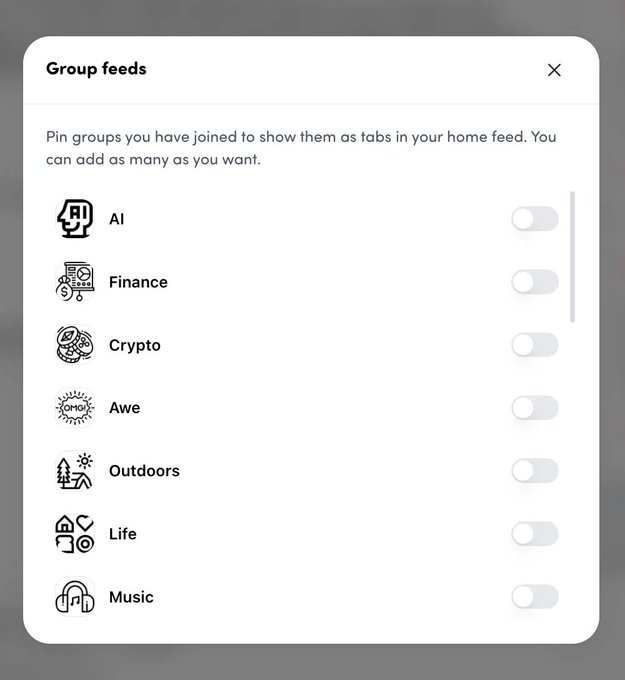 A 'Group feeds' settings menu with toggle options for AI, Finance, Crypto, Awe, Outdoors, Life, and Music categories, all currently turned off.