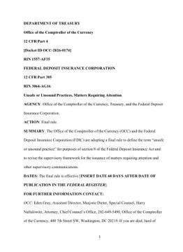 The image shows an official document from the Department of the Treasury (OCC), Final Rule on "Unsafe or Unsound Practices, Matters Requiring Attention" dated 2020-01-30 (Docket ID OCC-2020-0156, RIN 1557-AE16), addressing banking supervision guidance regarding crypto-related reputational concerns. This corresponds to the post's reference to financial regulators (like Korea's Financial Supervisory Service) issuing guidance that banks face "reputation risk" when dealing with virtual asset customers.