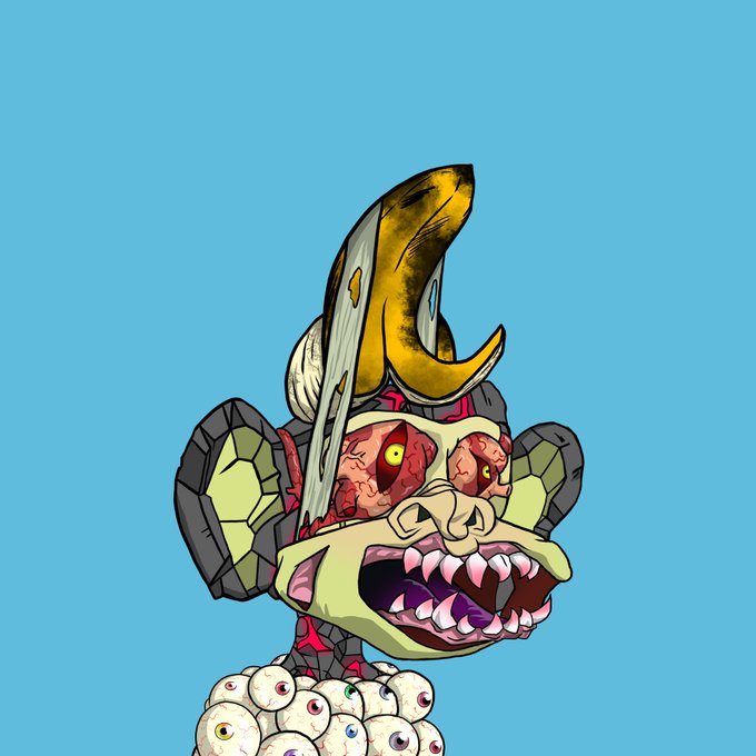 A stylized, cartoon illustration of a grotesque monkey-like head with exposed brains, sharp teeth, and a banana peel-like structure on top, set against a solid blue background.